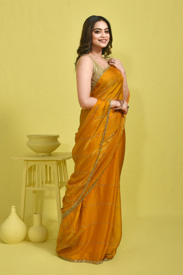 Yellow Beads & Stone Embossed Satin Saree (RDTYYN6C3785)