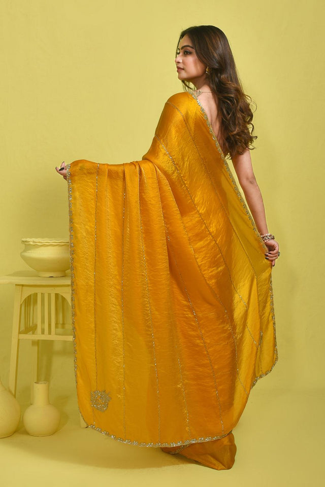 Yellow Beads & Stone Embossed Satin Saree (RDTYYN6C3785)