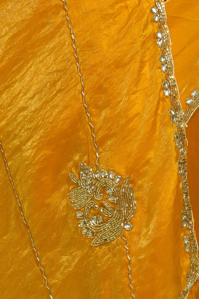 Yellow Beads & Stone Embossed Satin Saree (RDTYYN6C3785)