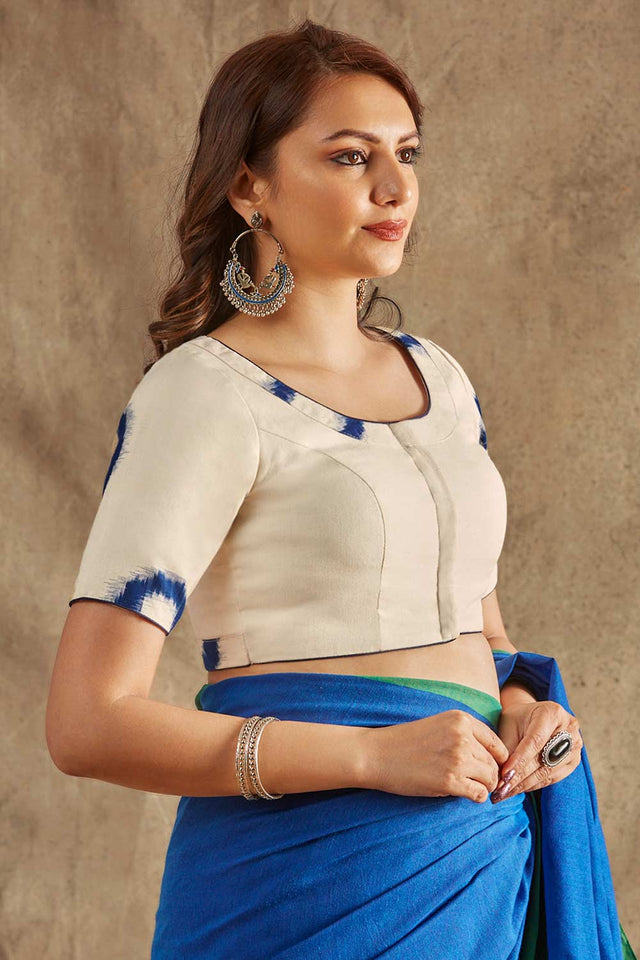 Off White Cotton Printed Elbow Length Blouse