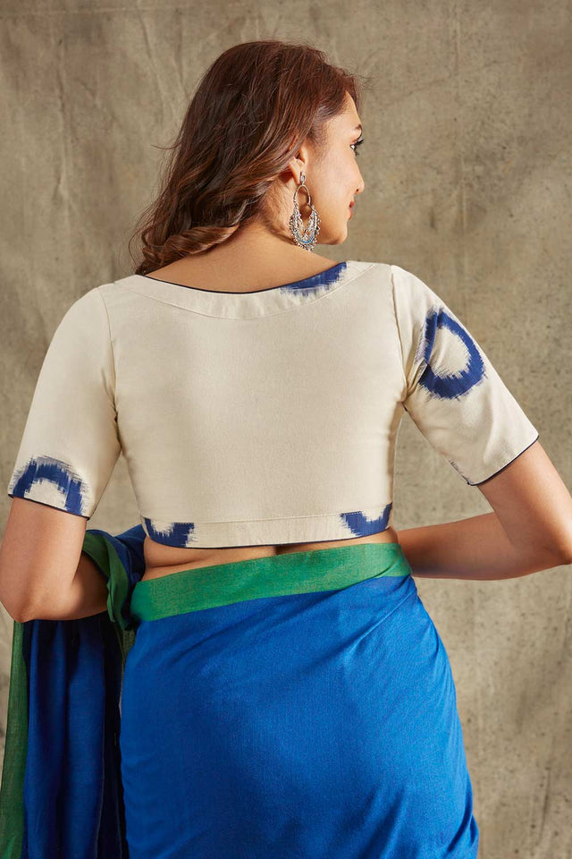 Off White Cotton Printed Elbow Length Blouse