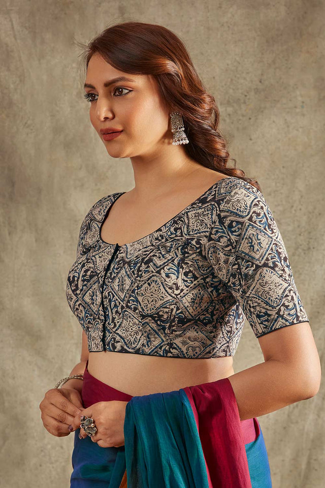 Beige Handloom Printed Short Sleeves Blouse