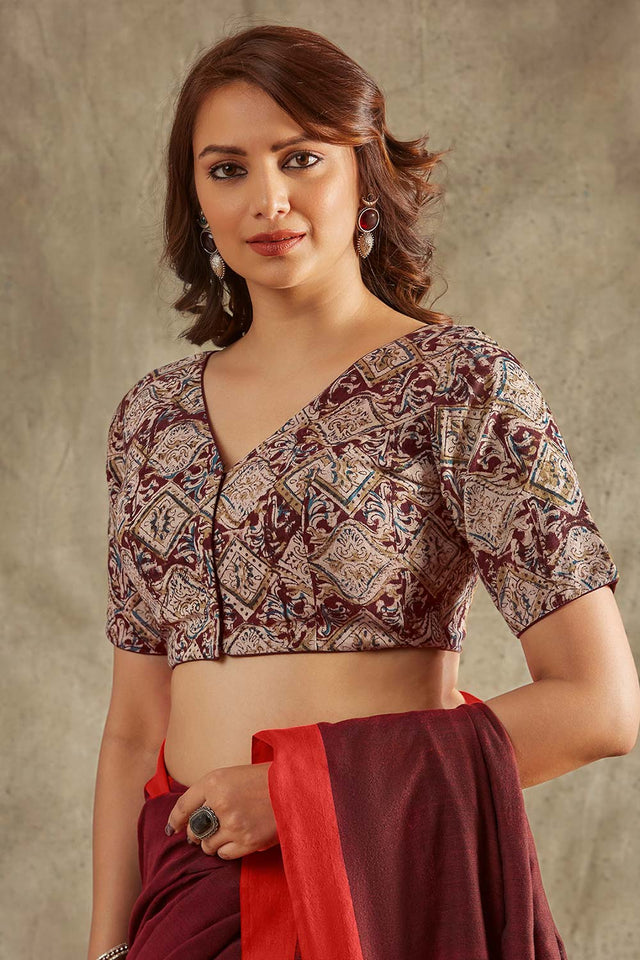 Beige Cotton Printed Elbow Sleeves Blouse