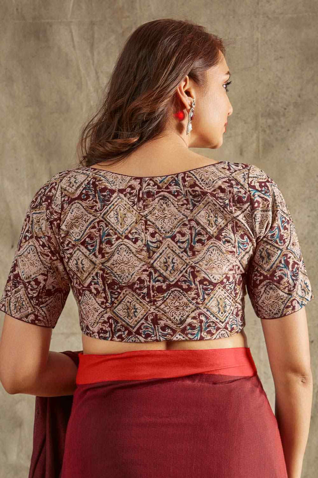 Beige Cotton Printed Elbow Sleeves Blouse