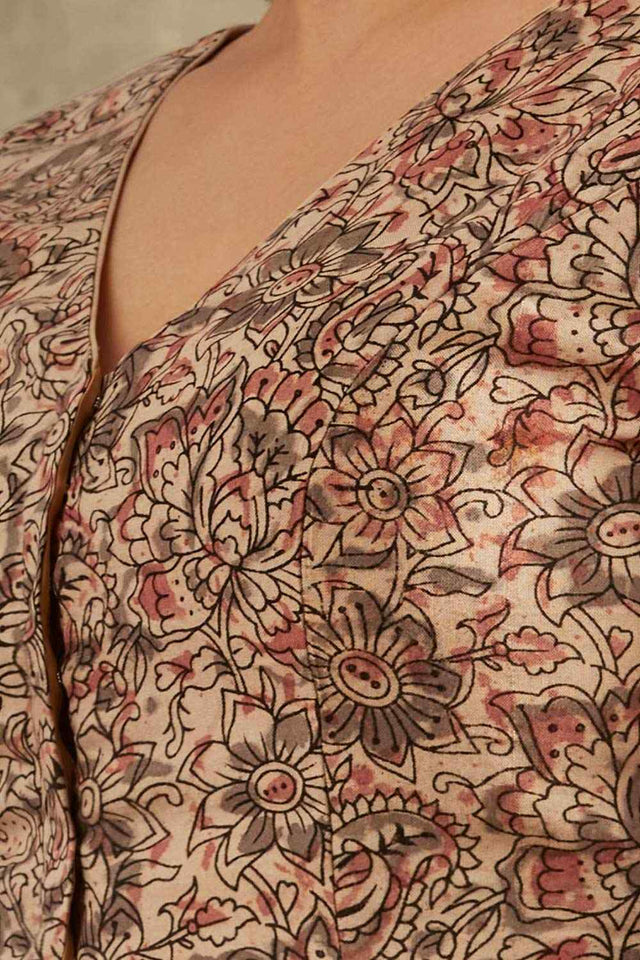 Beige Cotton Printed Elbow Length Blouse