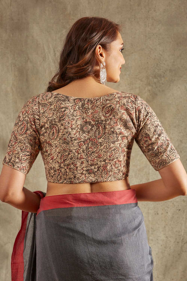 Beige Cotton Printed Elbow Length Blouse