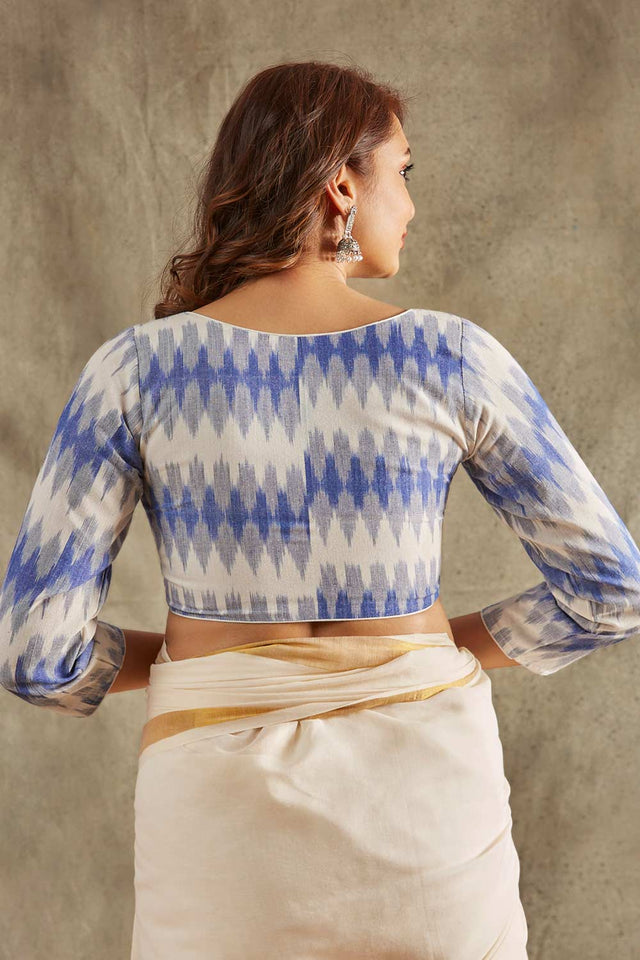 Blue Cotton Printed Elbow Length Blouse