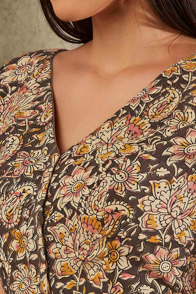 Beige Cotton Printed Elbow Length Blouse
