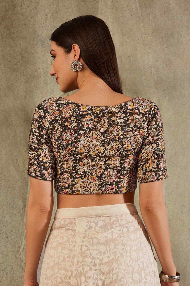 Beige Cotton Printed Elbow Length Blouse