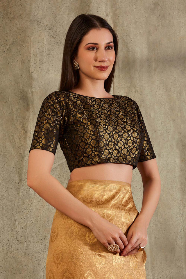 Black Brocade Woven Design Elbow Sleeves Blouse