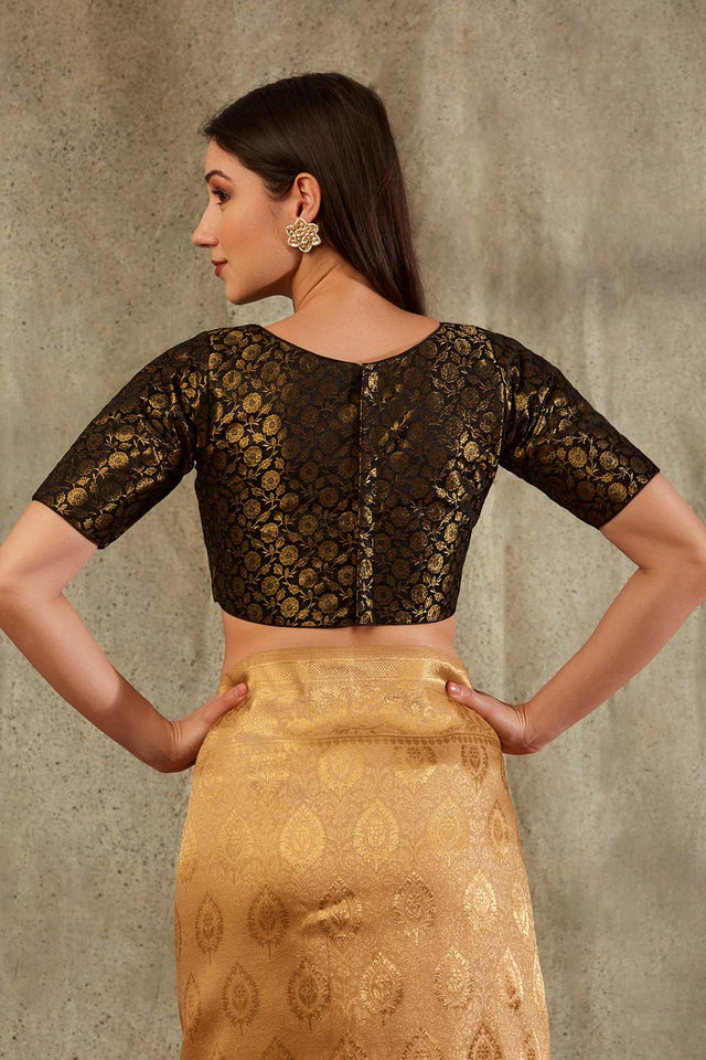 Black Brocade Woven Design Elbow Sleeves Blouse