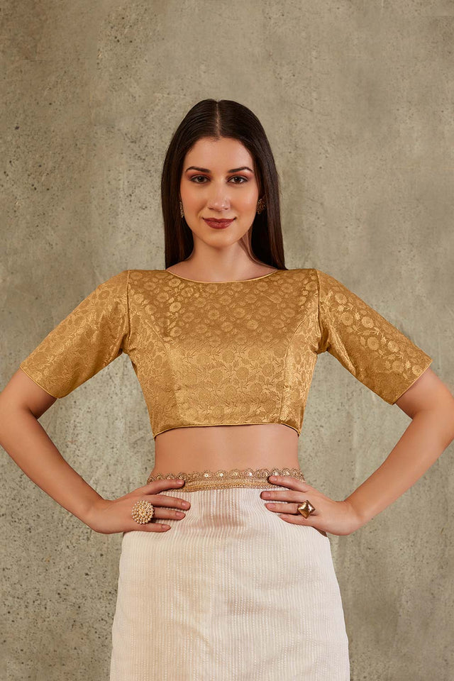 Gold Brocade Woven Design Elbow Sleeves Blouse