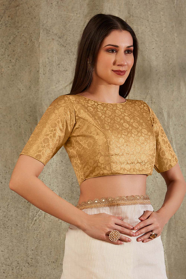 Gold Brocade Woven Design Elbow Sleeves Blouse