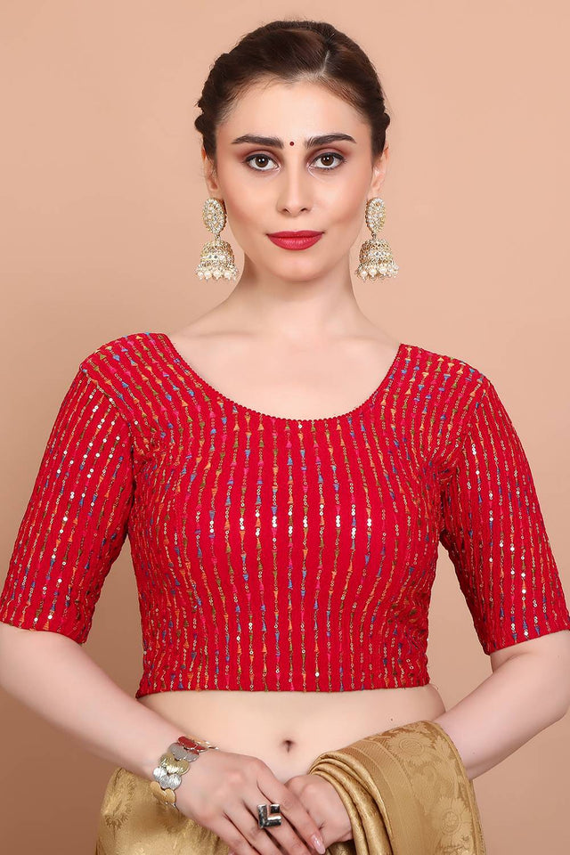Red Embroidered Lycra Blouse