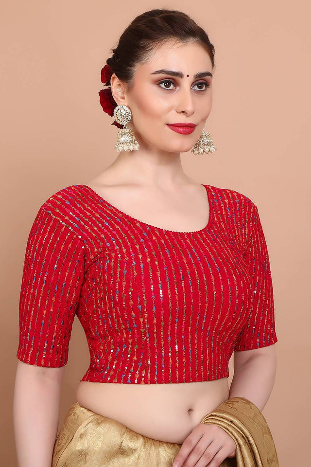 Red Embroidered Lycra Blouse