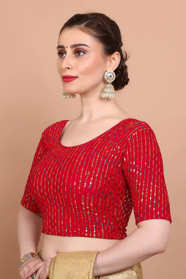 Red Embroidered Lycra Blouse
