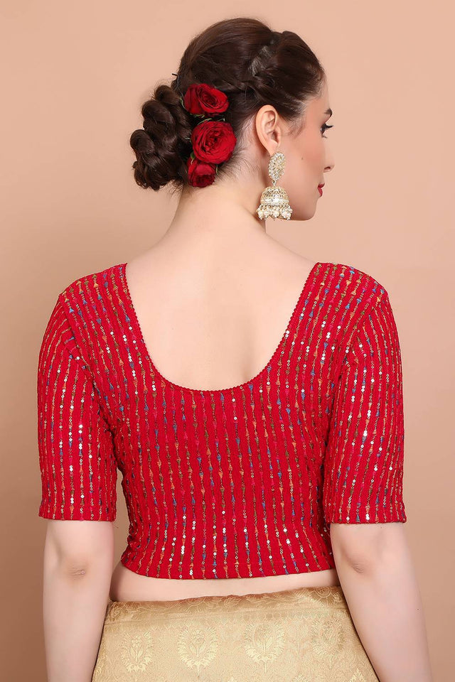 Red Embroidered Lycra Blouse