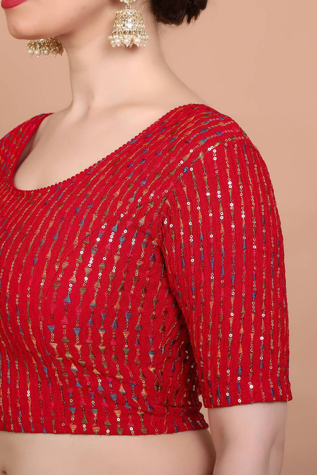Red Embroidered Lycra Blouse