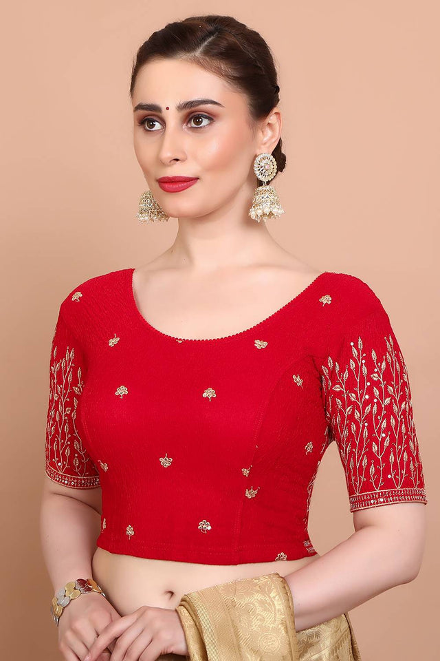 Red Embroidered Lycra Blouse