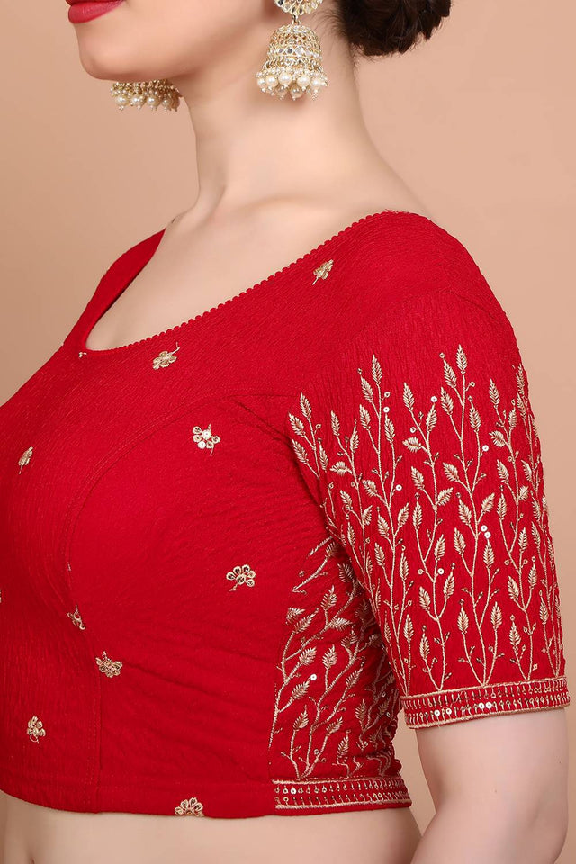Red Embroidered Lycra Blouse