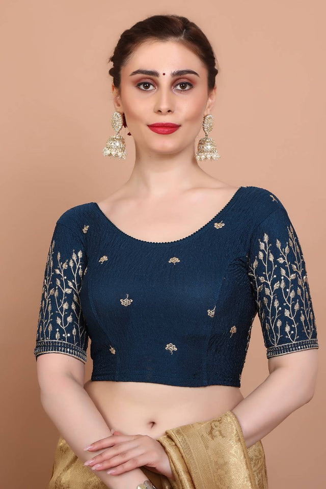Blue Embroidered Lycra Blouse (RF-0138-BLUE)
