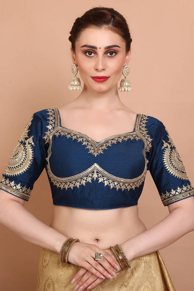 Blue Embroidered Silk Blouse
