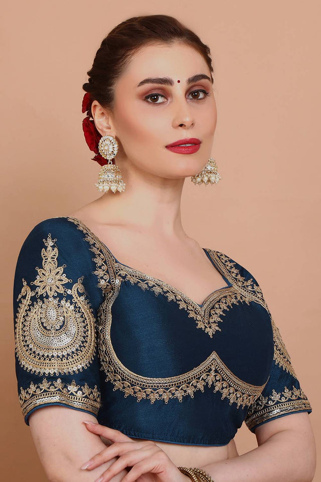 Blue Embroidered Silk Blouse