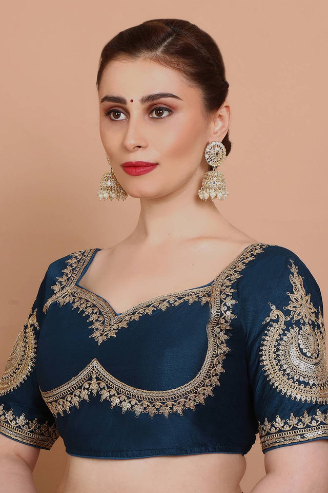 Blue Embroidered Silk Blouse