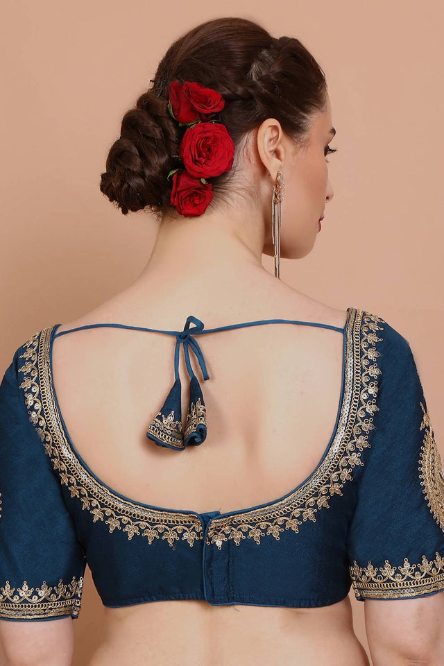 Blue Embroidered Silk Blouse