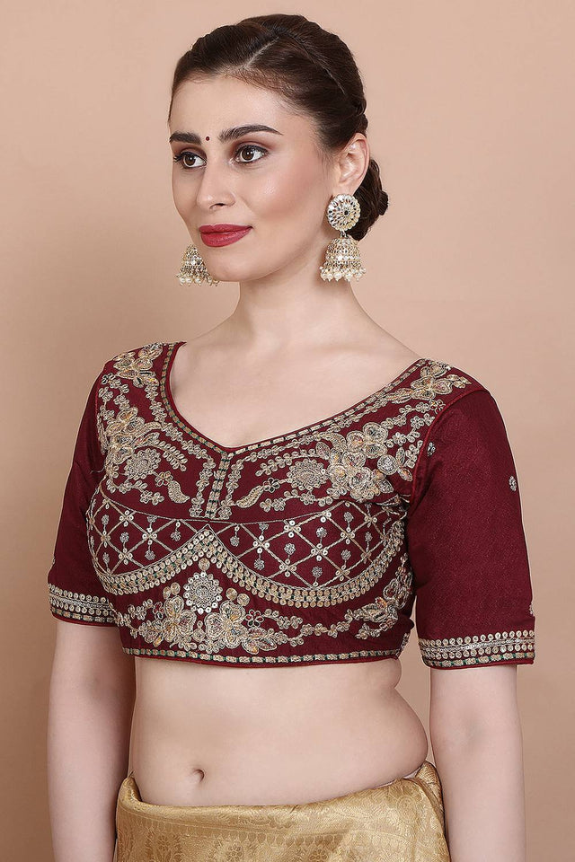 Maroon Embroidered Silk Blouse
