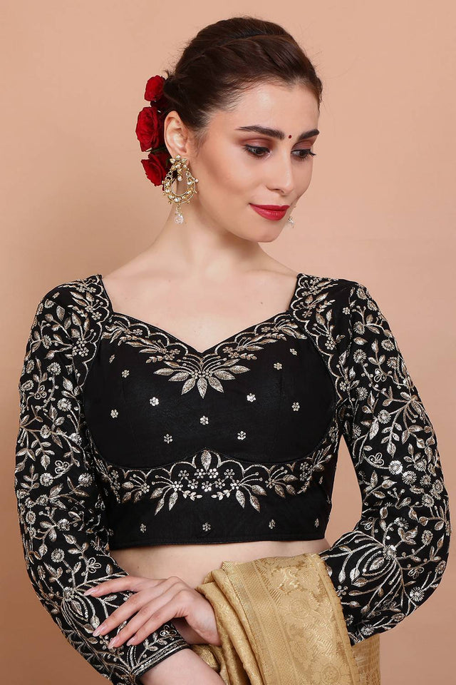 Black Embroidered Silk Blouse