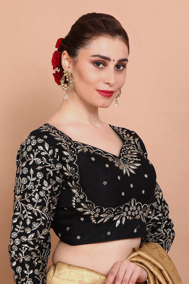 Black Embroidered Silk Blouse
