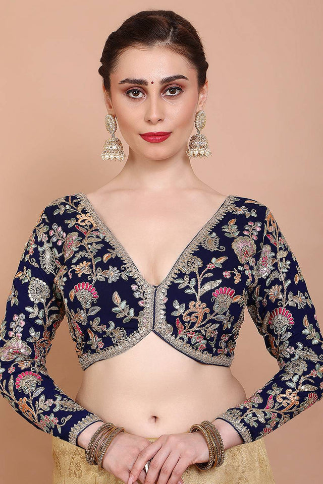 Navy Blue Embroidered Georgette Blouse