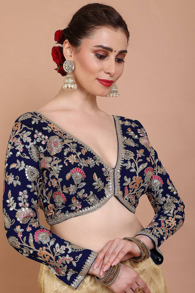 Navy Blue Embroidered Georgette Blouse