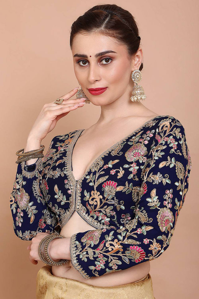 Navy Blue Embroidered Georgette Blouse