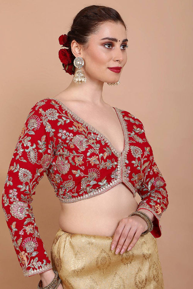 Red Embroidered Georgette Blouse