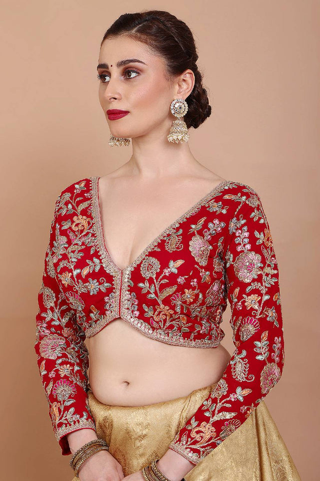 Red Embroidered Georgette Blouse