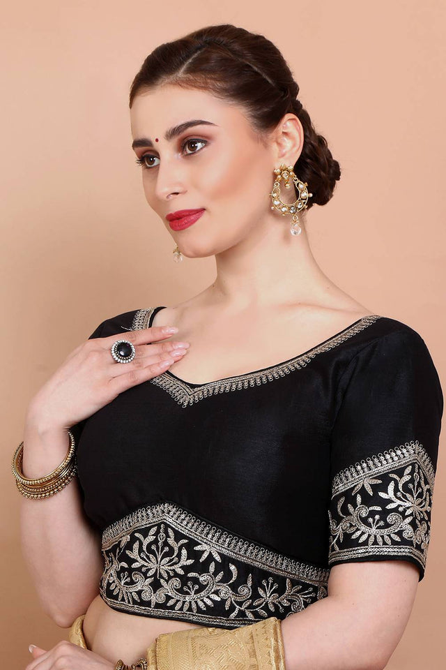 Black Embroidered Silk Blouse