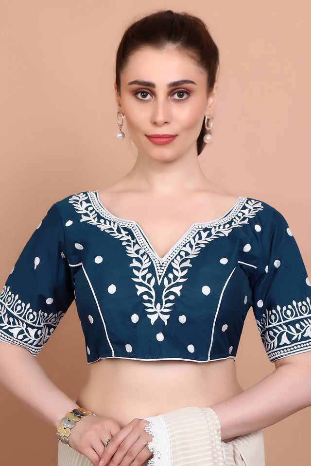 Blue Embroidered Cotton Blouse