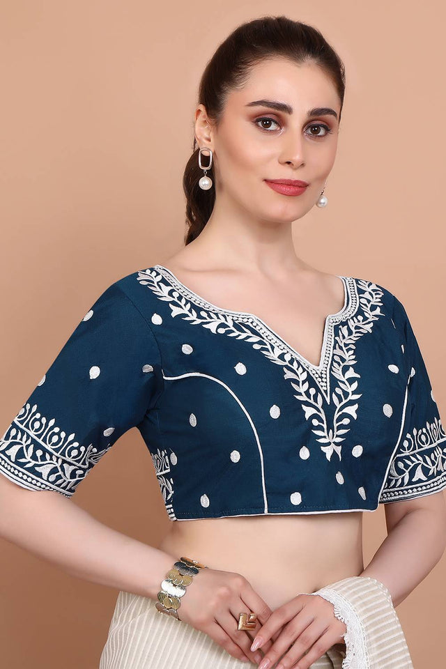 Blue Embroidered Cotton Blouse