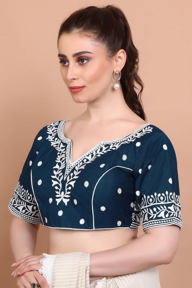 Blue Embroidered Cotton Blouse