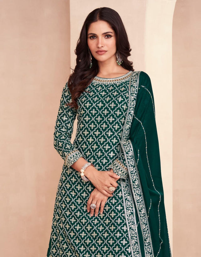 Women's Green Embroidered Chinon Gharara Sharara Suit Set