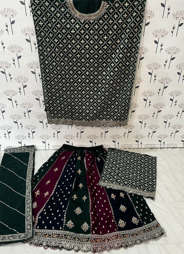 Women's Green Embroidered Chinon Gharara Sharara Suit Set