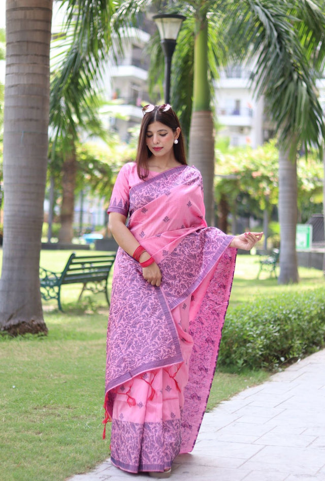 Women's Pink Banglori Raw Silk Woven Saree
