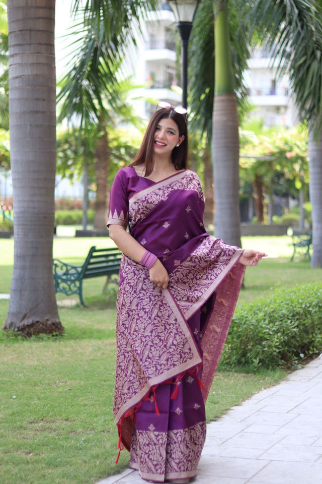 Women's Purple Banglori Raw Silk Woven Saree