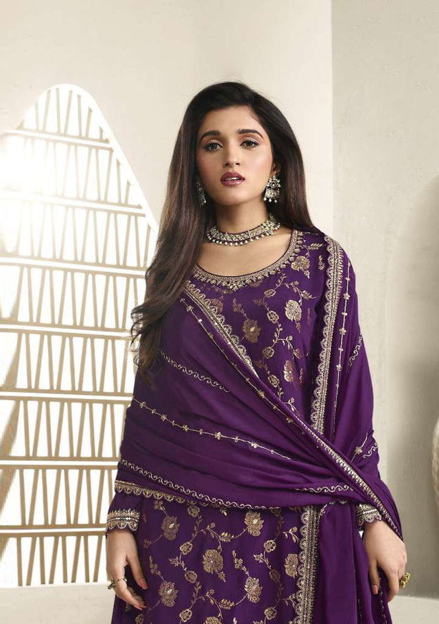 Women's Purple Embroidered Chinon Jacquard PalazzoSuit Set