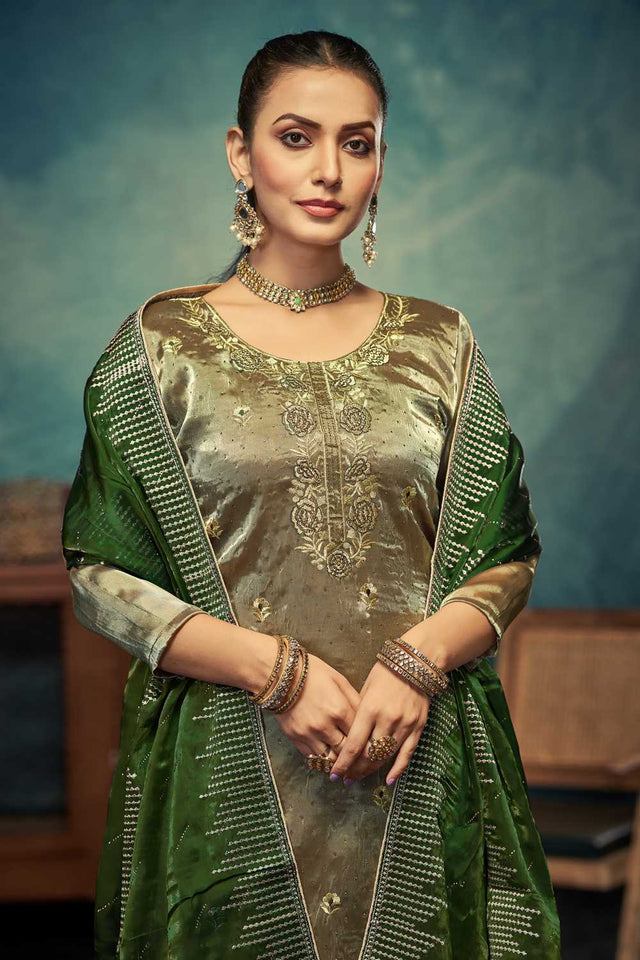 Green Embroidered Silk Palazzo Suit Set