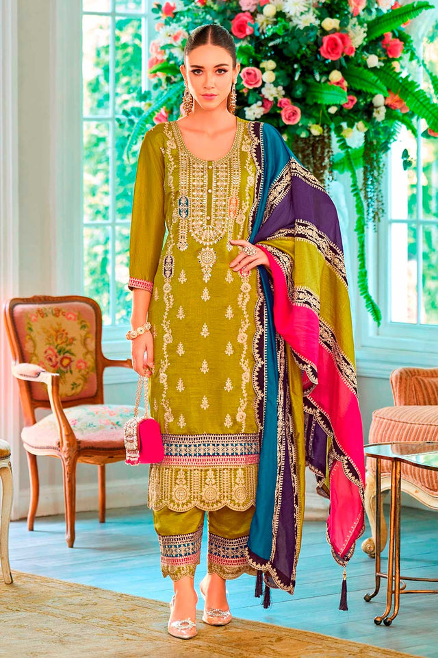 Green Embroidered Santoon Palazzo Suit Set