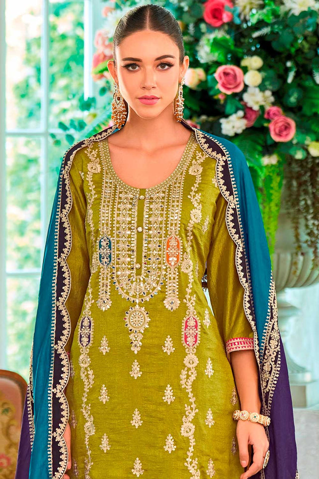 Green Embroidered Santoon Palazzo Suit Set