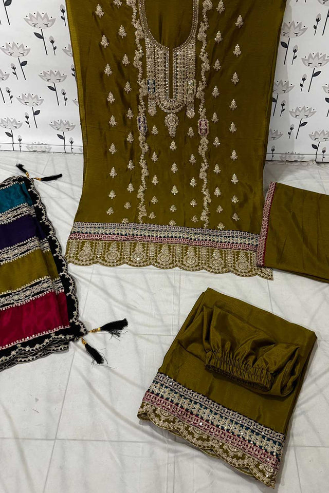 Green Embroidered Santoon Palazzo Suit Set